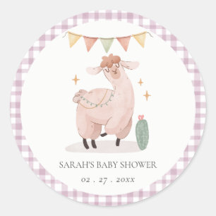 Pegatina Redonda Cute Purple Plaid Cactus Boho Llama Baby Shower
