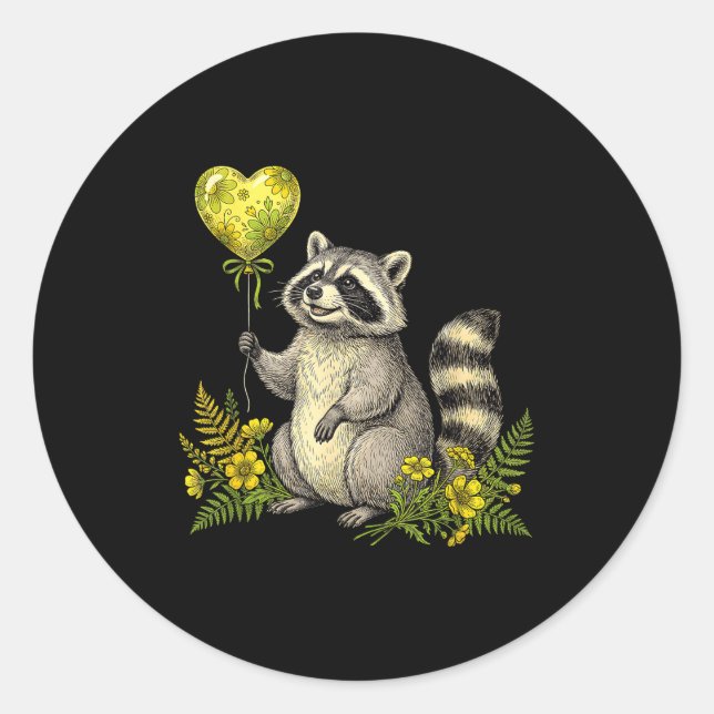 Pegatina Redonda Cute Raccoon Balloon Heart Flowers Sweet Raccoon L (Anverso)