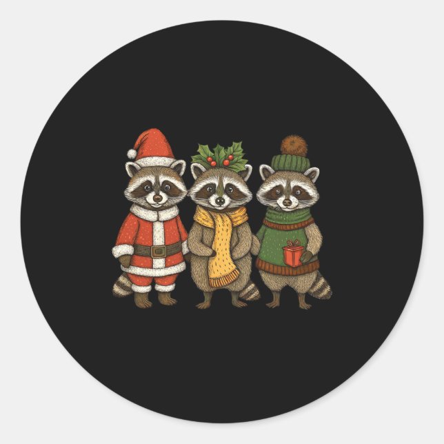 Pegatina Redonda Cute Raccoon Christmas Funny Holiday Santa Claus A (Anverso)