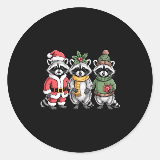 Pegatina Redonda Cute Raccoon Christmas Funny Holiday Santa Claus A (Anverso)