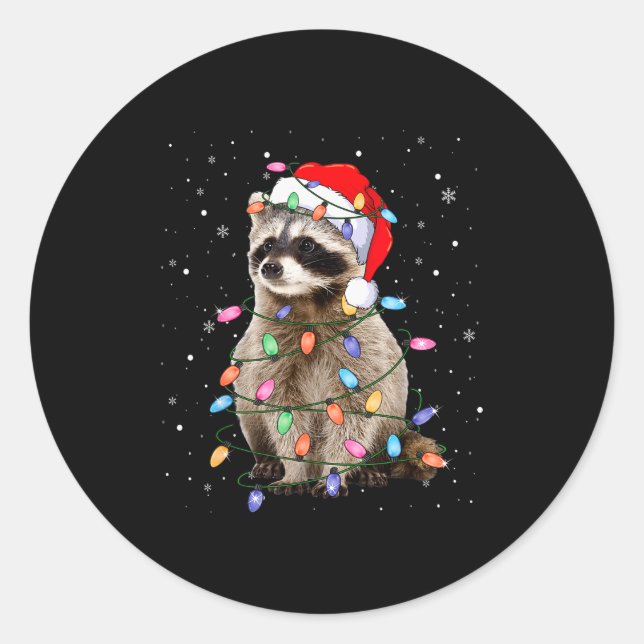 Pegatina Redonda Cute Raccoon Christmas Tree Lights Pajama Raccoon  (Anverso)