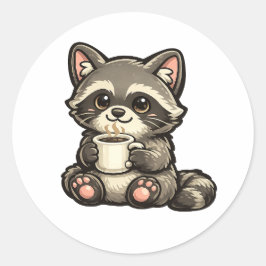 Pegatina Redonda Cute Raccoon with Coffee – Kawaii Cozy Animal
