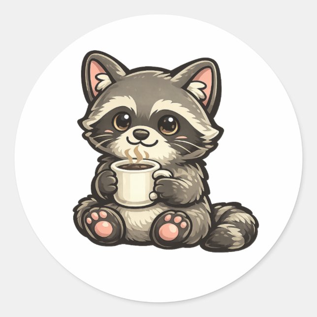 Pegatina Redonda Cute Raccoon with Coffee – Kawaii Cozy Animal (Anverso)