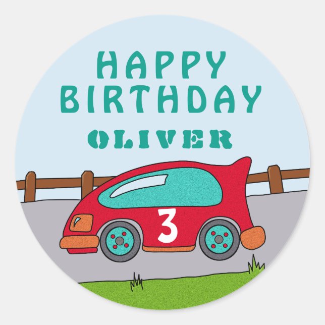 Pegatina Redonda Cute Race Car Red Boy Nombre Age Happy Birday (Anverso)