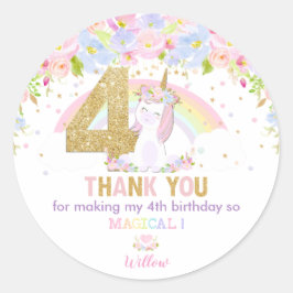 Pegatina Redonda Cute Rainbow Unicorn 4º cumpleaños Gracias por