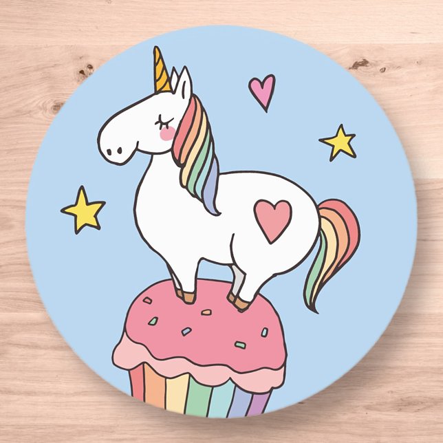Pegatina Redonda Cute Rainbow Unicorn en tarta de cumpleaños (Subido por el creador)