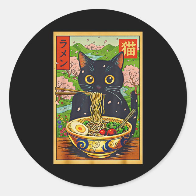 Pegatina Redonda Cute Ramen Cat Nature Flowers Noodle Anime  (Anverso)