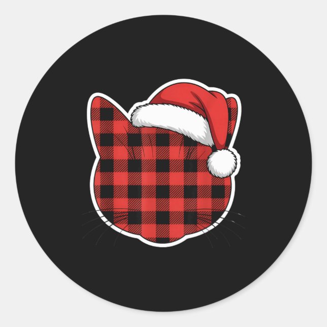 Pegatina Redonda Cute Red And Black Buffalo Plaid Cat Christmas San (Anverso)