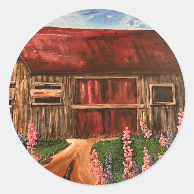 Pegatina Redonda Cute Red Barn and Wildflowers Pintura (Anverso)
