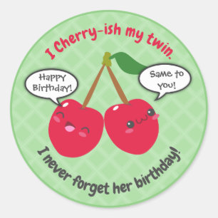 Pegatina Redonda Cute Red Cherry Kawaii Gemelos Cumpleaños