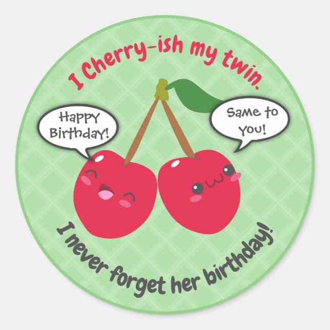 Pegatina Redonda Cute Red Cherry Kawaii Gemelos Cumpleaños (Anverso)