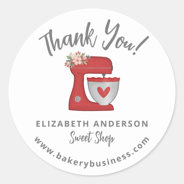 Pegatina Redonda Cute Red Mixer Bakery Business Thank you Sticker (Anverso)