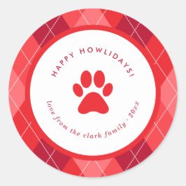 Pegatina Redonda Cute Red Paw Print Happy Howlidays Navidades