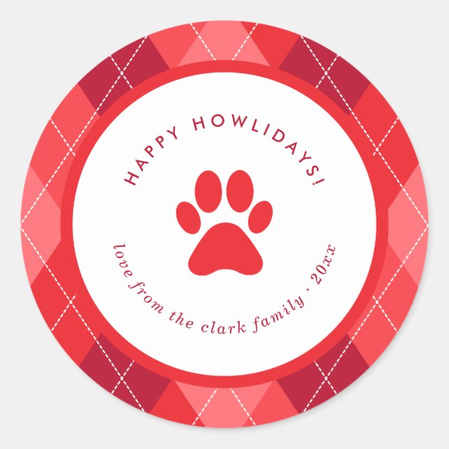 Pegatina Redonda Cute Red Paw Print Happy Howlidays Navidades (Anverso)