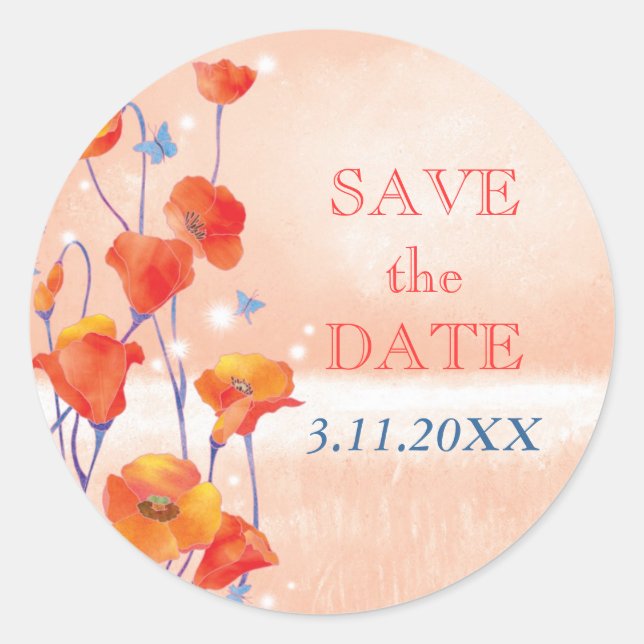Pegatina Redonda Cute Red Poppies Wedding Save the Date (Anverso)