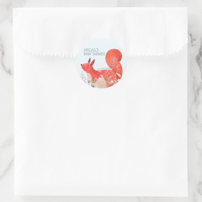Pegatina Redonda Cute Red Squirrel Wildflower Boy Baby Shower (Bolso)