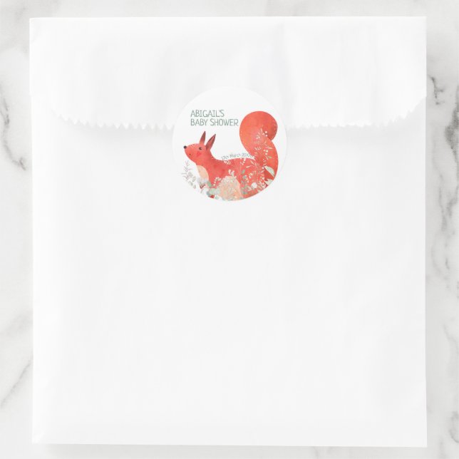 Pegatina Redonda Cute Red Squirrel Wildflower Gender Baby Shower (Bolso)