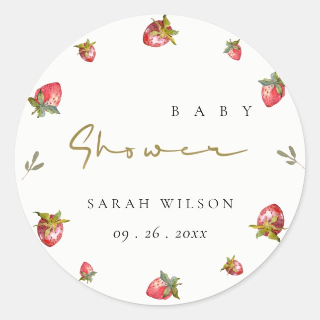 Pegatina Redonda Cute Red Strawberry Leafy Baby Shower Botánico (Anverso)