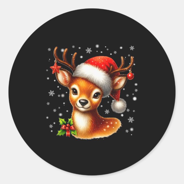 Pegatina Redonda Cute Reindeer Santa Hat Rednose Christmas Xmas Wom (Anverso)