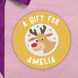 Pegatina Redonda Cute Reindeer Snowflakes Kid`s Name Christmas