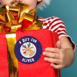 Pegatina Redonda Cute Reindeer Snowflakes Kid`s Name Christmas