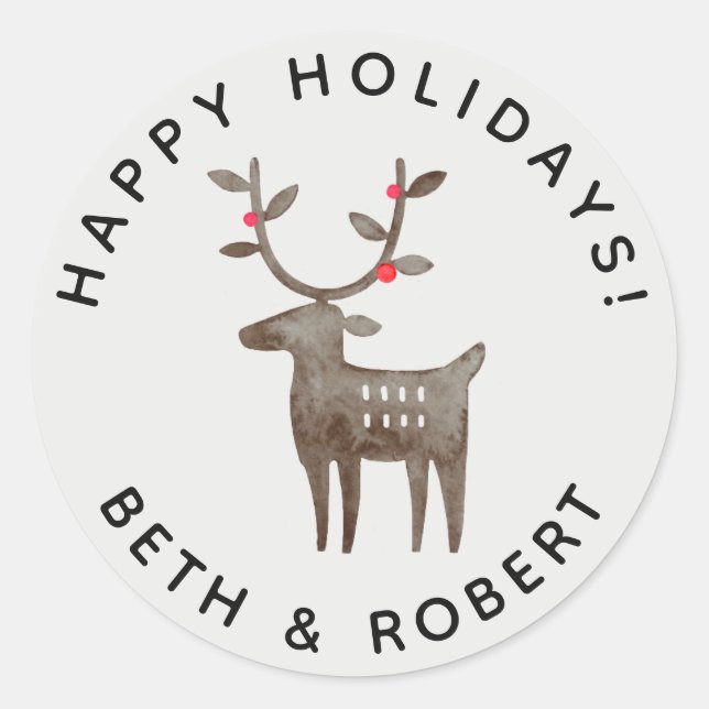 Pegatina Redonda Cute Reno de Acuarela | Humo Blanco - Cualquier Co (Anverso)