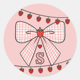 Pegatina Redonda Cute Retro Monogram Initials Strawberry Coquette