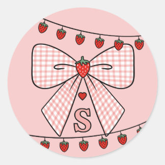 Pegatina Redonda Cute Retro Monogram Initials Strawberry Coquette
