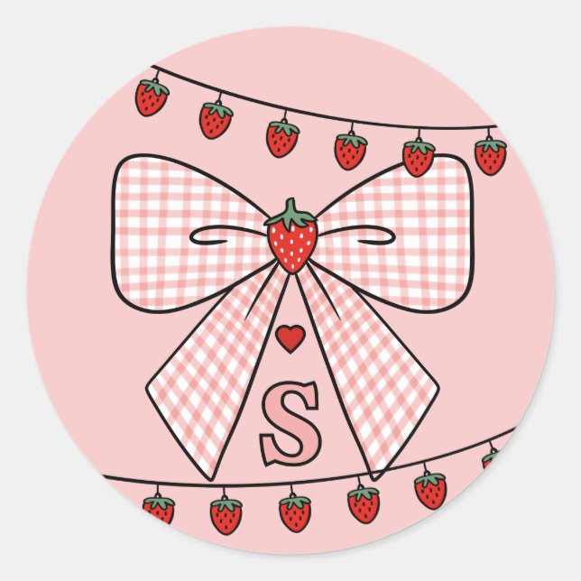 Pegatina Redonda Cute Retro Monogram Initials Strawberry Coquette (Anverso)