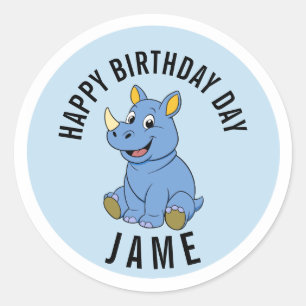 Pegatina Redonda Cute Rhino Cumpleaños Jame Nombre Sticker - Person