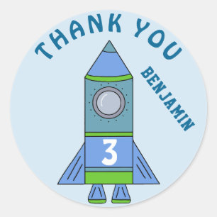 Pegatina Redonda Cute Rocket Blue Kids Boy Cumpleaños Gracias