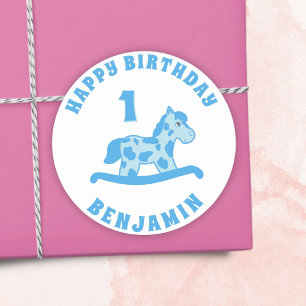Pegatina Redonda Cute Rocking Horse Blue Boy Primer cumpleaños