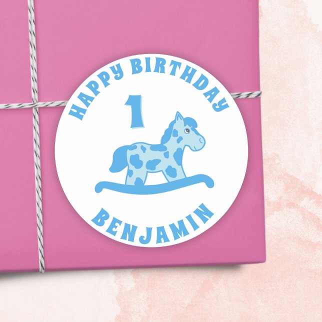 Pegatina Redonda Cute Rocking Horse Blue Boy Primer cumpleaños (Subido por el creador)