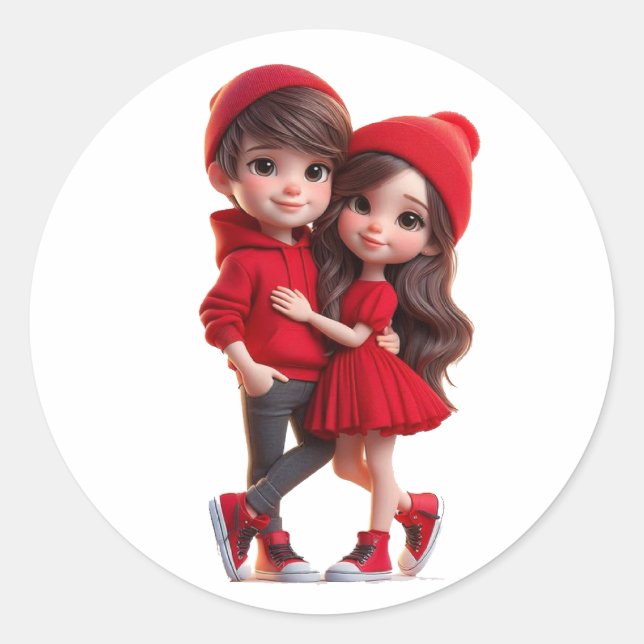 Pegatina Redonda Cute Romantic Couple Sticker – Love & Valentine  (Anverso)
