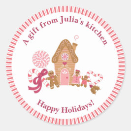 Pegatina Redonda Cute Rosa Gingerbread House Candy Cane Kitchen Cla