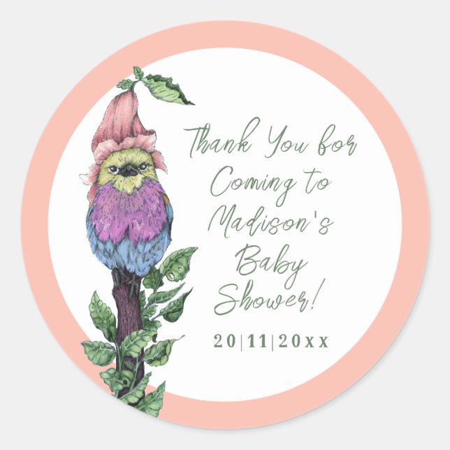 Pegatina Redonda Cute rosa pájaros tropicales Jungle Baby Shower (Anverso)
