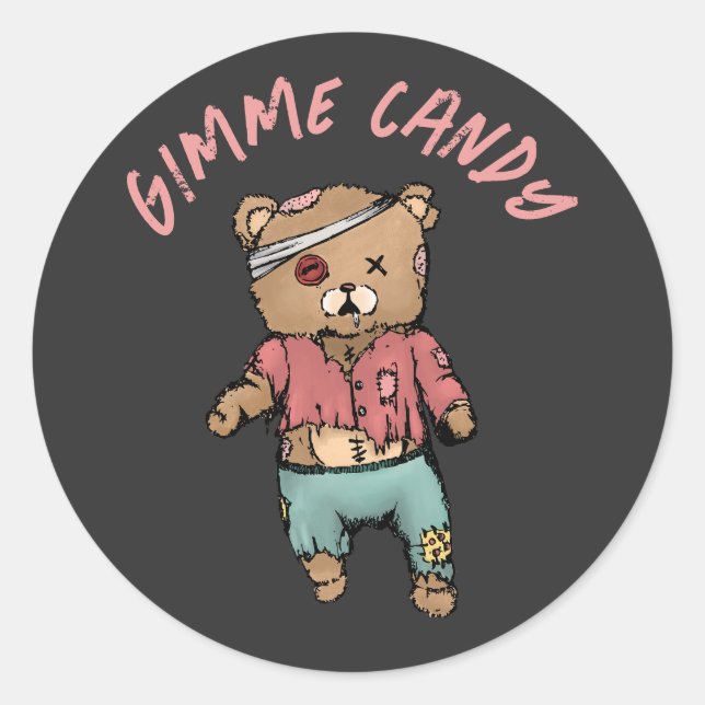 Pegatina Redonda Cute rosa Teddy Bear Zombie Gimme Candy Halloween (Anverso)