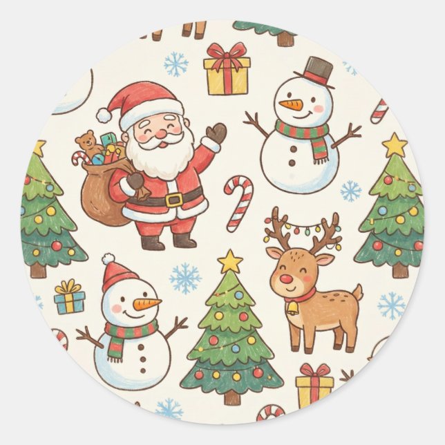 Pegatina Redonda Cute Round Christmas Sticker - Santa, Snowman, Rei (Anverso)