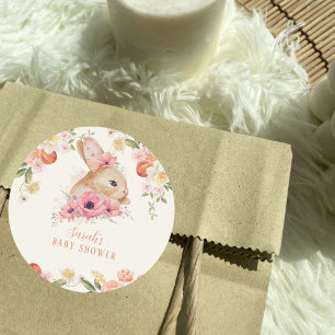 Pegatina Redonda Cute Rubor Pink Floral Bunny Baby Shower