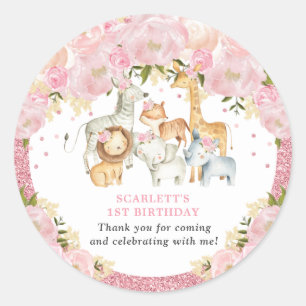 Pegatina Redonda Cute Rubor Pink Floral Jungle Cumpleaños Baby Show