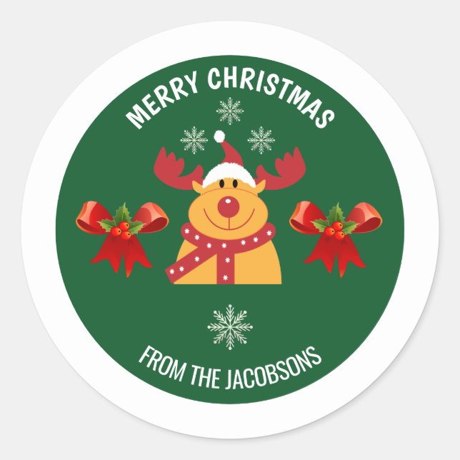 Pegatina Redonda Cute Rudolph, la navidad de los renos por la famil (Anverso)