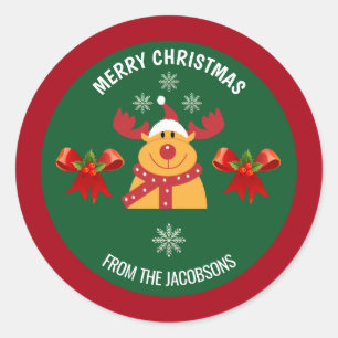 Pegatina Redonda Cute Rudolph, la navidad de los renos por la famil