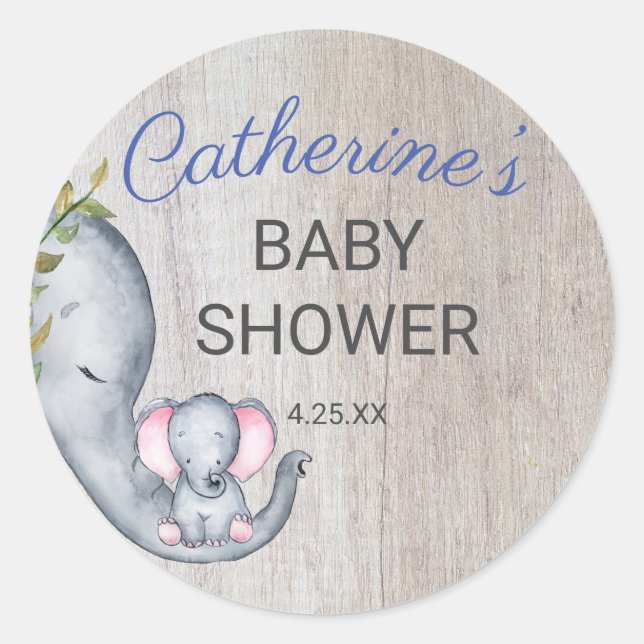 Pegatina Redonda Cute Rustic Elephant Boy Baby Shower (Anverso)