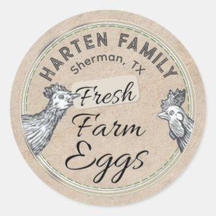 Pegatina Redonda Cute Rustic Farmhouse Hen Rooster Cartón FRESH Egg