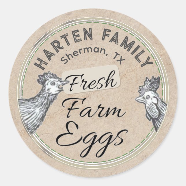 Pegatina Redonda Cute Rustic Farmhouse Hen Rooster Cartón FRESH Egg (Anverso)
