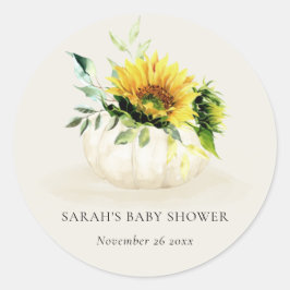 Pegatina Redonda Cute Rustic Sunflower Pumpkin Floral Baby Shower