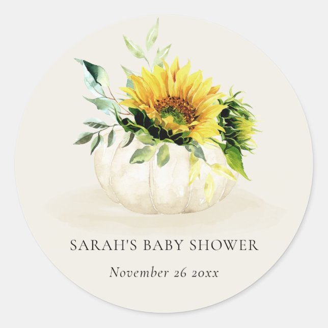 Pegatina Redonda Cute Rustic Sunflower Pumpkin Floral Baby Shower (Anverso)
