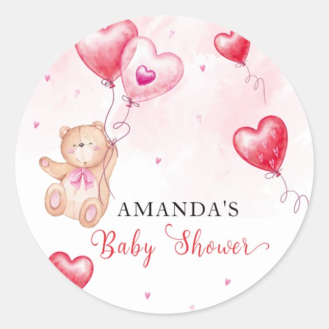 Pegatina Redonda Cute Rustic Teddy Bear Heart Balloon Baby Shower (Anverso)