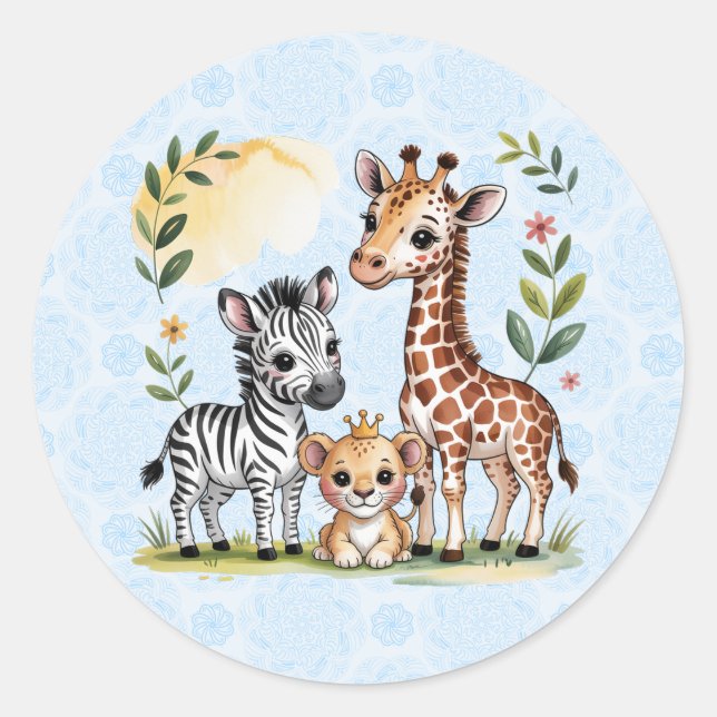 Pegatina Redonda Cute Safari Animal Trio Boy Baby Shower (Anverso)