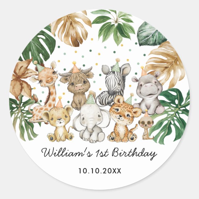 Pegatina Redonda Cute Safari Animals Jungle Greenery Baby Shower Cl (Anverso)